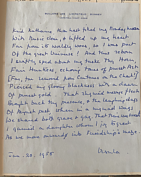 Handwritten sonnet from Ursula on Bullens Lee, Limpsfield Surrey letterhead, dated January 20, 1958